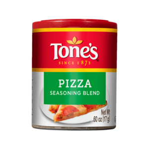 Jar of Tone's Pizza Seasoning Blend with a green label featuring a slice of pizza.