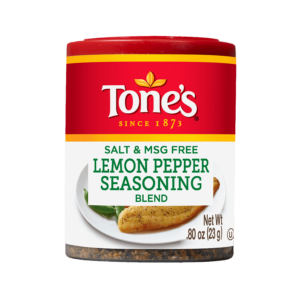 Tone's Lemon Pepper Seasoning Blend jar, salt and MSG free, with a yellow and green label showing seasoned chicken.
