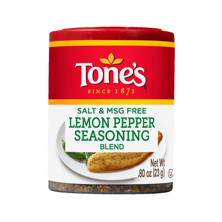 Tone's Lemon Pepper Seasoning Blend jar, salt and MSG free, with a yellow and green label showing seasoned chicken.